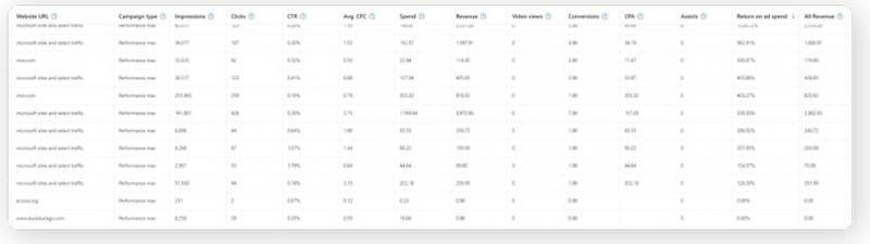 A digital table displays marketing data for various website URLs, including columns for campaign type, impressions, clicks, CTR, CPC, spend, revenue, conversions, ROAS, and return on ad spend metrics.