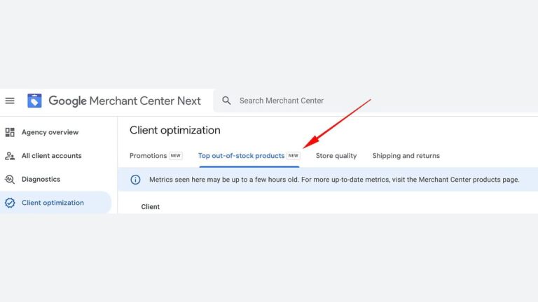 Screenshot of the Google Merchant Center Next interface showing the "Top out-of-stock products" tab under Client optimization, highlighted with a red arrow. Other visible tabs include Promotions, Store quality, and Shipping and returns.