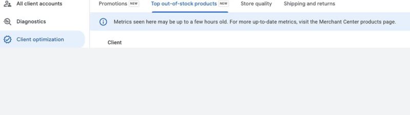 Screenshot of the Google Merchant Center Next interface showing the "Top out-of-stock products" tab under Client optimization, highlighted with a red arrow. Other visible tabs include Promotions, Store quality, and Shipping and returns.