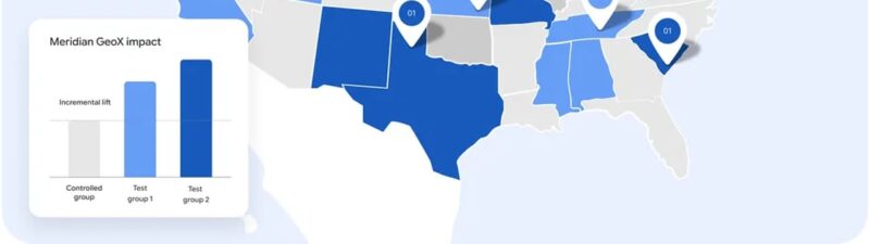 Map of the United States showing Meridian GeoX impact across regions with test groups and controlled group comparison, displaying incremental lift results for digital marketing campaign optimization.