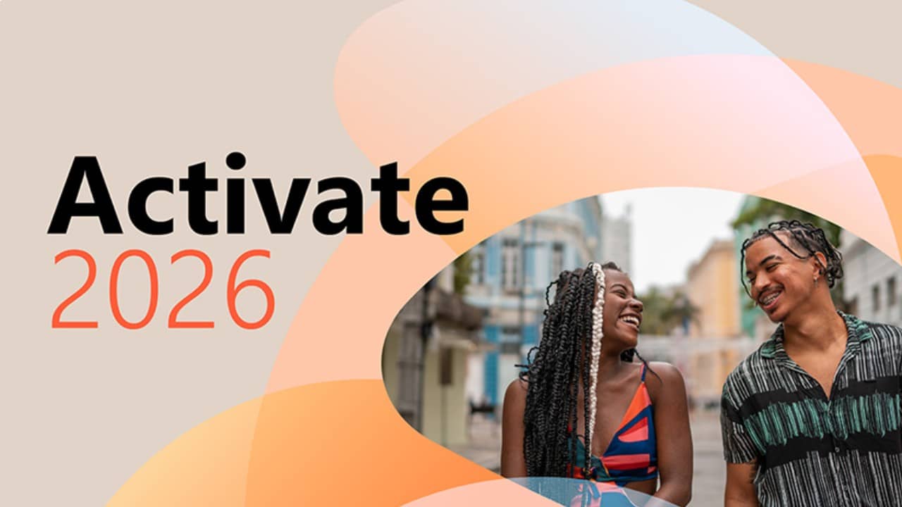 Two smiling women standing outdoors with "Activate 2026" text and orange and peach gradient shapes in background