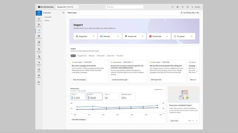 Screenshot of Microsoft Advertising's new Import Center dashboard showing platform integration options for Google Ads, Meta Ads, Amazon Ads, and Pinterest Ads, with performance metrics and campaign insights displayed below.