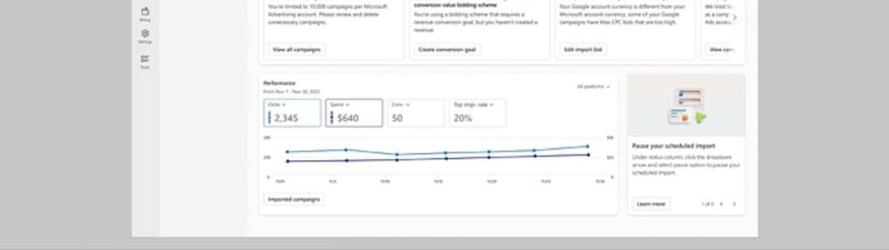Screenshot of Microsoft Advertising's new Import Center dashboard showing platform integration options for Google Ads, Meta Ads, Amazon Ads, and Pinterest Ads, with performance metrics and campaign insights displayed below.