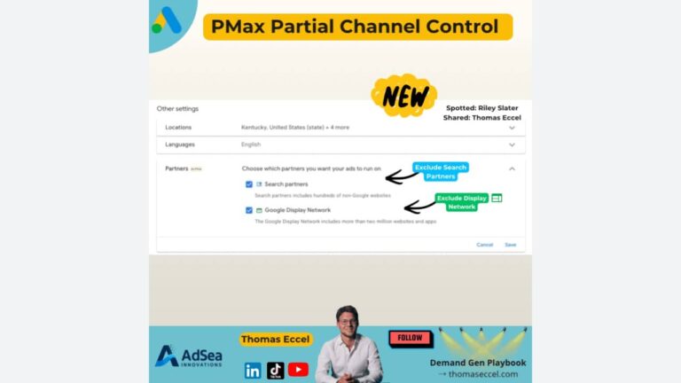Screenshot of Google Ads PMax campaign settings showing new Exclude Search Partners and Exclude Display Network options in the Partners section, with Thomas Eccel featured below