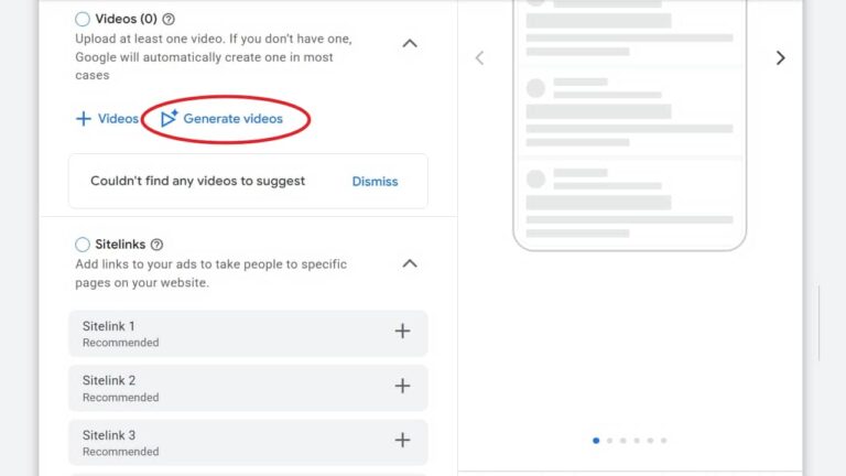 Google Ads Performance Max interface showing the Videos section with a "Generate videos" button highlighted in red, displaying the AI video generation feature for automated ad creation.