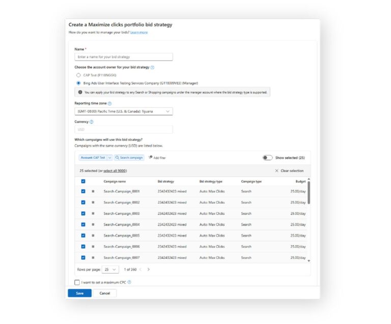 Screenshot of Bing Ads interface showing the Create a Maximize Clicks portfolio bid strategy form with campaign selection table displaying search campaigns with auto max clicks bidding strategy