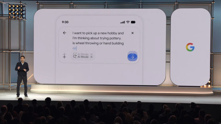 Google Search interface displayed on large presentation screen showing a query about pottery hobbies with AI Mode options and send button visible, presenter standing on stage in front of audience