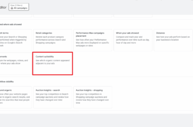 A dashboard screen shows various ad report options. A red box highlights "Content suitability," with the description "See which organic content appeared adjacent to your ads." Full Placement Reporting and other options are visible around it.