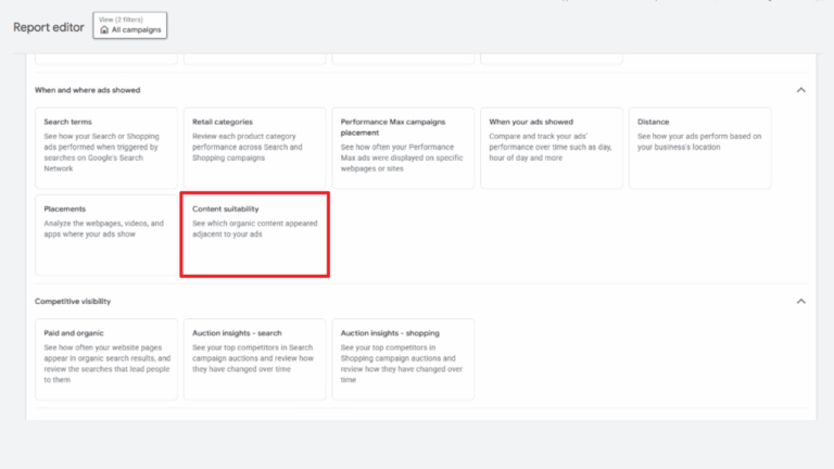 A dashboard screen shows various ad report options. A red box highlights "Content suitability," with the description "See which organic content appeared adjacent to your ads." Full Placement Reporting and other options are visible around it.