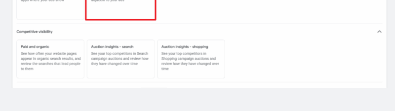 A dashboard screen shows various ad report options. A red box highlights "Content suitability," with the description "See which organic content appeared adjacent to your ads." Full Placement Reporting and other options are visible around it.
