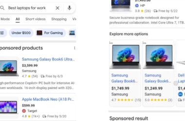 A Google search for "best laptops for work" displays Shopping Results featuring sponsored products, like the Samsung Galaxy Book4 Ultra and Apple MacBook Neo, along with prices, ratings, product images, and detailed product descriptions on the right panel.