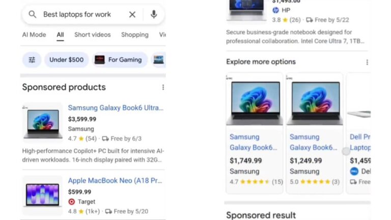 A Google search for "best laptops for work" displays Shopping Results featuring sponsored products, like the Samsung Galaxy Book4 Ultra and Apple MacBook Neo, along with prices, ratings, product images, and detailed product descriptions on the right panel.
