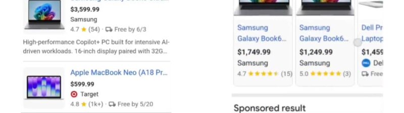 A Google search for "best laptops for work" displays Shopping Results featuring sponsored products, like the Samsung Galaxy Book4 Ultra and Apple MacBook Neo, along with prices, ratings, product images, and detailed product descriptions on the right panel.