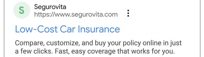 A Google ad for Segurovita car insurance, featuring the website link, "Low-Cost Car Insurance" headline, a brief description, and a Site Visits Asset noting "10K+ visits in past month.