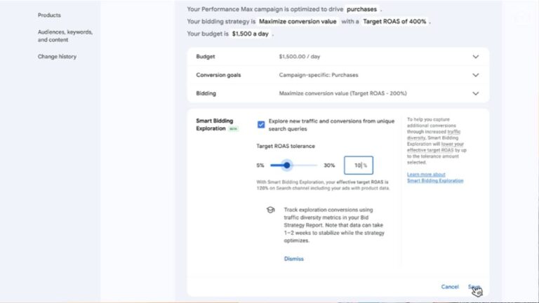A screenshot of a Google Ads campaign settings page showcasing Smart Bidding options and AI-powered bidding. The Target ROAS tolerance slider is set to 10%, with a budget of $1,500 per day. “Cancel” and “Save” buttons appear at the bottom right.