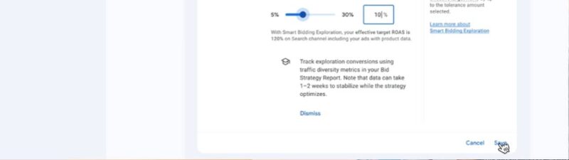 A screenshot of a Google Ads campaign settings page showcasing Smart Bidding options and AI-powered bidding. The Target ROAS tolerance slider is set to 10%, with a budget of $1,500 per day. “Cancel” and “Save” buttons appear at the bottom right.