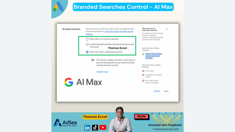 Screenshot showing Google Ads branded searches control options with "show ads only on unbranded searches" selected. The image includes the Google logo, "AI Max" text, and a person at the bottom. Various logos and branding are also present.