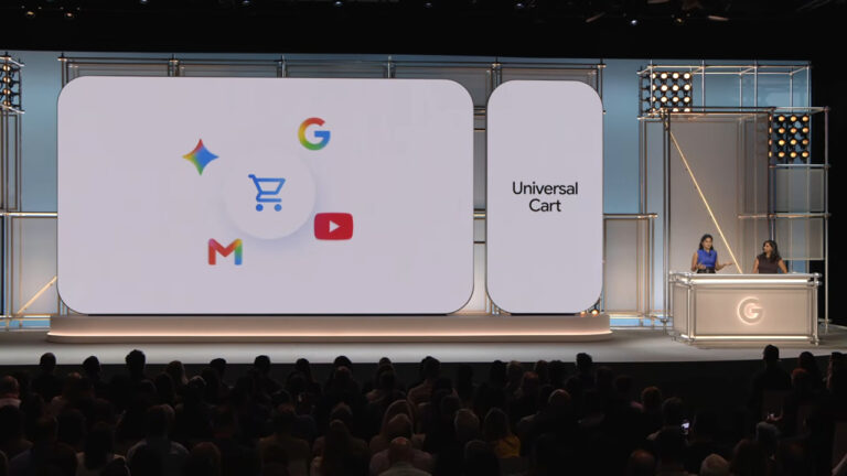 Google stage presentation showcasing Universal Cart feature with Google services icons including Shopping, Gmail, YouTube, and Google Search displayed on large screens during announcement event.