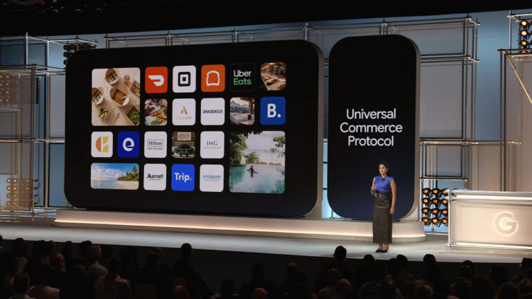 A presenter stands on stage next to a large display screen showing the Universal Commerce Protocol with logos of various travel and hospitality brands including Uber Eats, DoorDash, Square, Amadeus, Hilton, IHG, Marriott, and Trip.com.