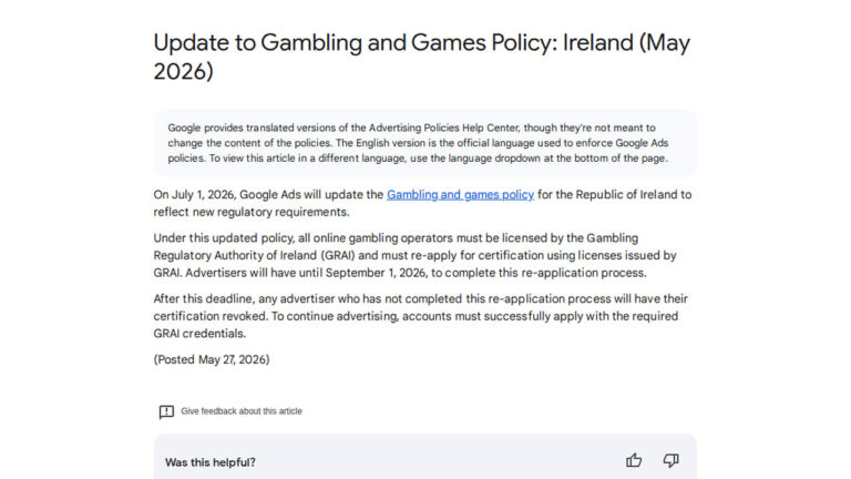 Update to Gambling and Games Policy for Ireland Effective July 2026