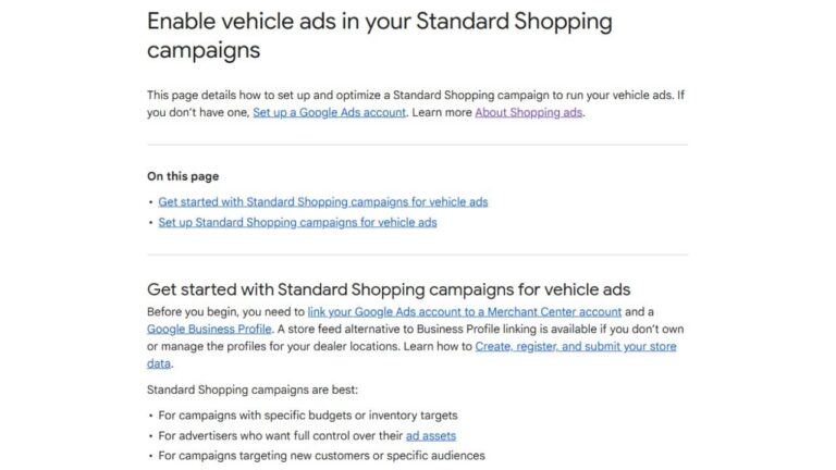 A webpage titled "Enable vehicle ads in your Standard Shopping Campaigns" provides steps to set up Vehicle Ads, including links to Google Ads account setup, Merchant Center, and Business Profile information.