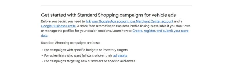 A webpage titled "Enable vehicle ads in your Standard Shopping Campaigns" provides steps to set up Vehicle Ads, including links to Google Ads account setup, Merchant Center, and Business Profile information.