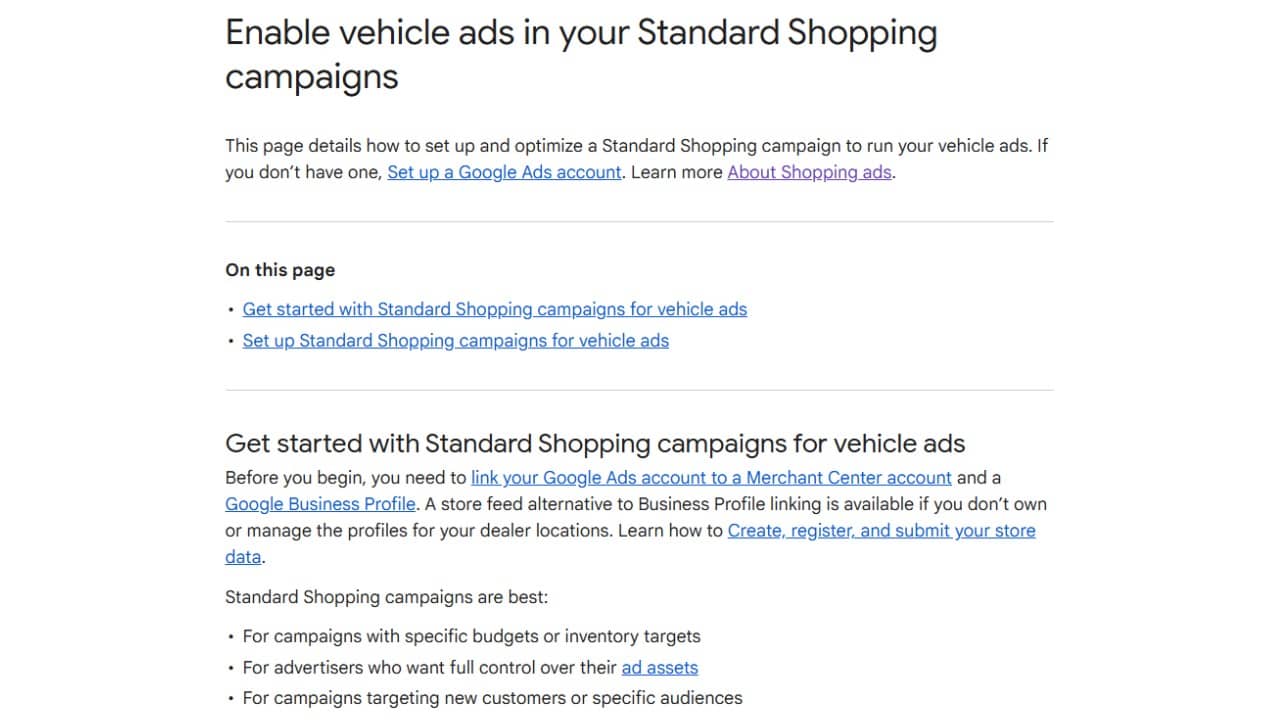 A webpage titled "Enable vehicle ads in your Standard Shopping Campaigns" provides steps to set up Vehicle Ads, including links to Google Ads account setup, Merchant Center, and Business Profile information.
