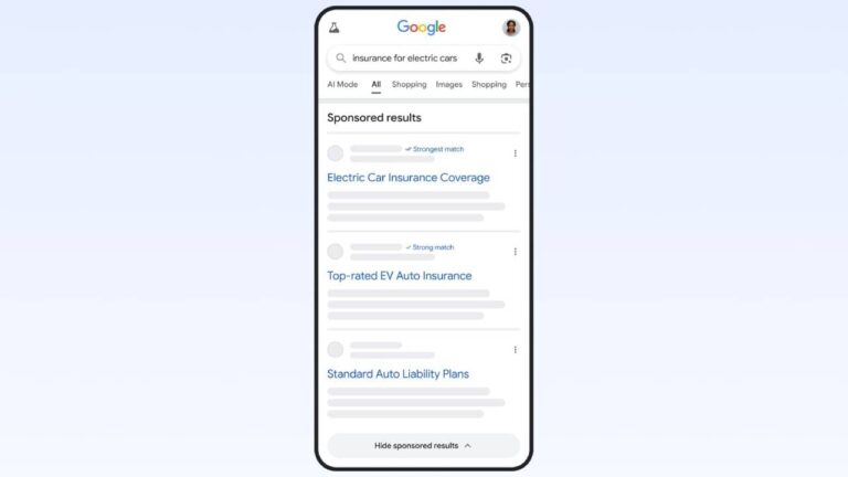 Google Search results page on mobile device showing sponsored ads for electric car insurance with three listings displayed and a "Hide sponsored results" option at the bottom