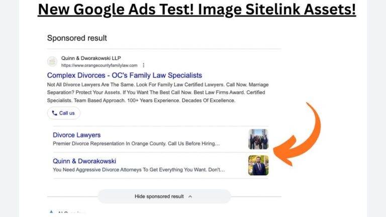 Screenshot of a Google Ads search result showing a law firm ad with sitelink assets, including one sitelink featuring a small image of two people in business attire. An orange arrow points to the image.