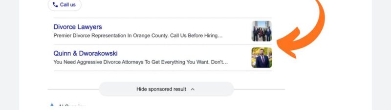 Screenshot of a Google Ads search result showing a law firm ad with sitelink assets, including one sitelink featuring a small image of two people in business attire. An orange arrow points to the image.