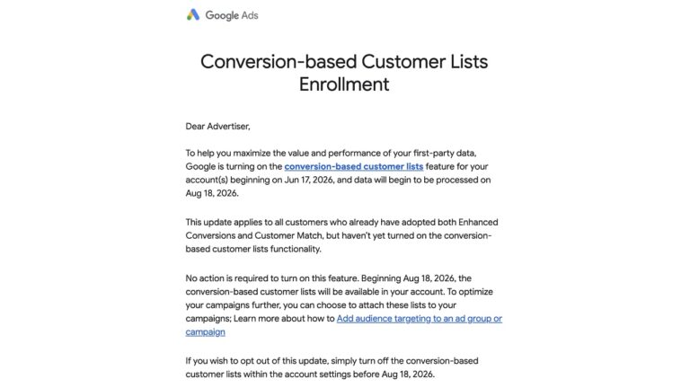Google Ads notification email about conversion-based customer lists enrollment starting June 17, 2026, with processing beginning August 18, 2026