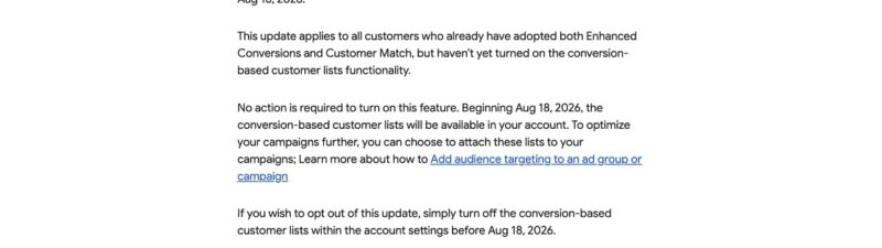 Google Ads notification email about conversion-based customer lists enrollment starting June 17, 2026, with processing beginning August 18, 2026