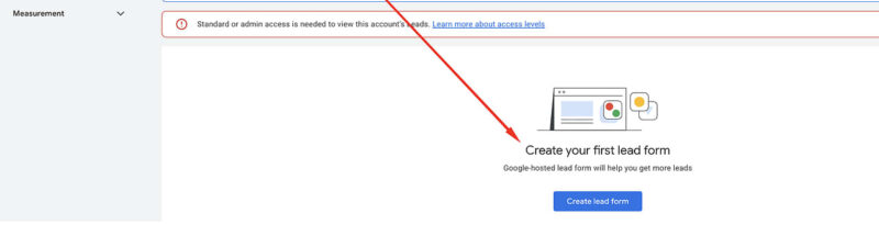 Google Ads Leads section showing empty lead metrics with prompt to create first lead form, displaying zero raw leads, qualified leads, converted leads, and lost leads