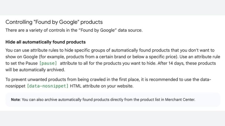 Screenshot of a guide explaining how to control "Found by Google" products. It highlights using the [pause] attribute or [data-nosnippet] HTML to hide or prevent listing products on Google, with a note about archiving in Merchant Center.