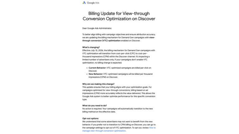 Screenshot of Google Ads billing update announcement regarding view-through conversion optimization changes on Discover, showing transition from cost-per-click to cost-per-thousand impressions billing effective July 15, 2026.