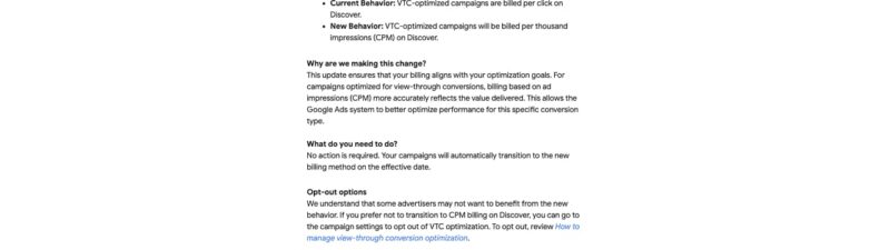 Screenshot of Google Ads billing update announcement regarding view-through conversion optimization changes on Discover, showing transition from cost-per-click to cost-per-thousand impressions billing effective July 15, 2026.