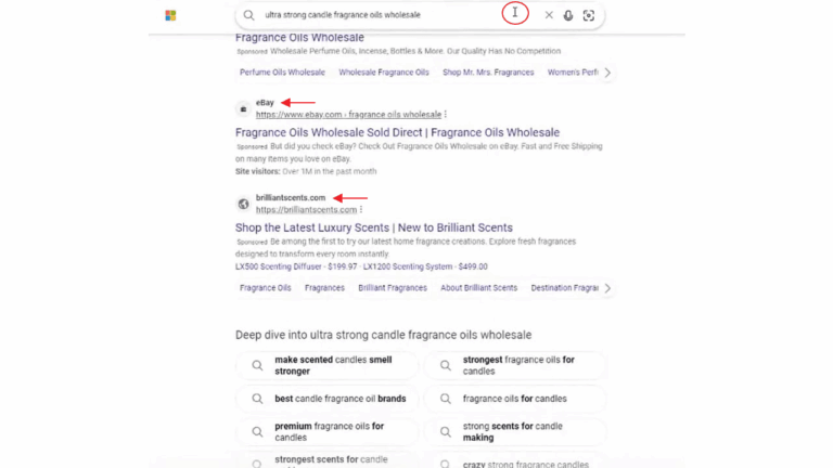 Screenshot of Bing search results page showing fragrance oils wholesale ads with bold site names displayed next to search listings for eBay and brilliantscents.com