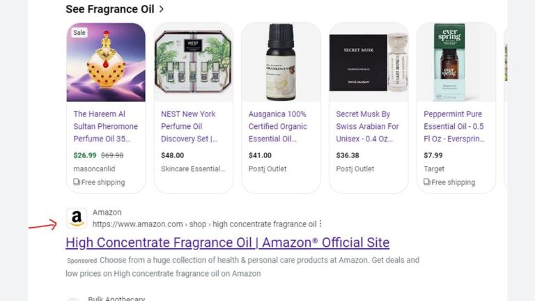 A Google search result shows links and images for fragrance oils. Highlighted is a link to the Amazon page for "High Concentrate Fragrance Oil" with a red arrow pointing to it.