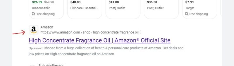A Google search result shows links and images for fragrance oils. Highlighted is a link to the Amazon page for "High Concentrate Fragrance Oil" with a red arrow pointing to it.