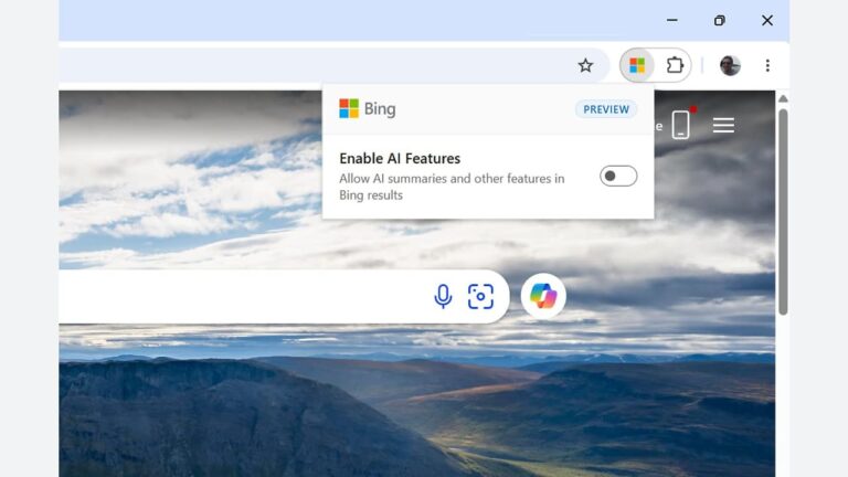 A web browser window shows the Bing search page. A pop-up from Bing offers to "Enable AI Features," with a toggle switch currently set to off. The background displays a scenic mountain landscape.