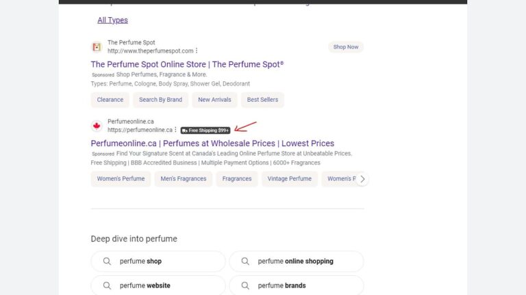 A Google search results page shows a listing for "Perfumeonline.ca" with a purple arrow pointing to a "Free Shipping 99$" label next to the website link.