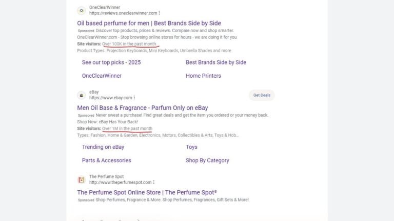 Search results page showing ads for men's oil-based perfume, including sites like OneClearWinner.com, eBay, and The Perfume Spot. Visitor stats and product categories are highlighted in orange text.