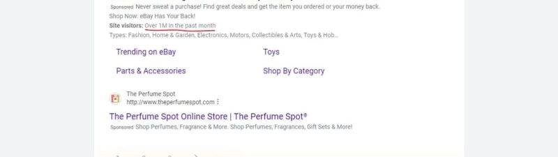 Search results page showing ads for men's oil-based perfume, including sites like OneClearWinner.com, eBay, and The Perfume Spot. Visitor stats and product categories are highlighted in orange text.