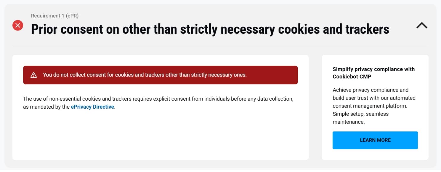 Cookiebot scan failing the ePrivacy prior-consent requirement with a Cookiebot CMP recommendation