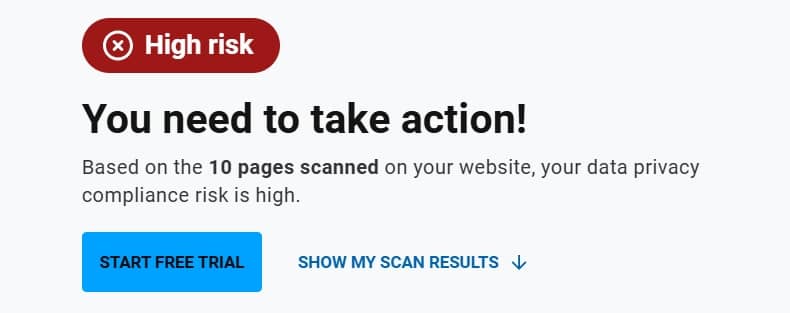 Cookiebot scan results showing a high compliance risk verdict with scan date, regulations and tracker count
