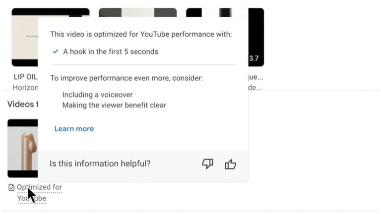 YouTube optimization tips for demand generation videos showing checkmark for hook in first 5 seconds and recommendations for voiceover and viewer benefits