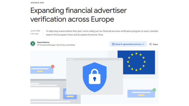Illustration of a security shield with padlock in the center, surrounded by website mockups and the EU flag, representing Google's expanded financial advertiser verification program across Europe