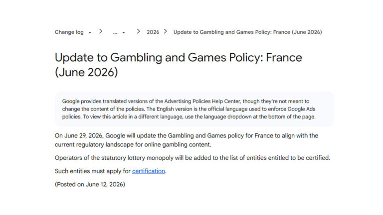 Screenshot of Google Ads policy update announcement for France gambling and games regulations effective June 29 2026