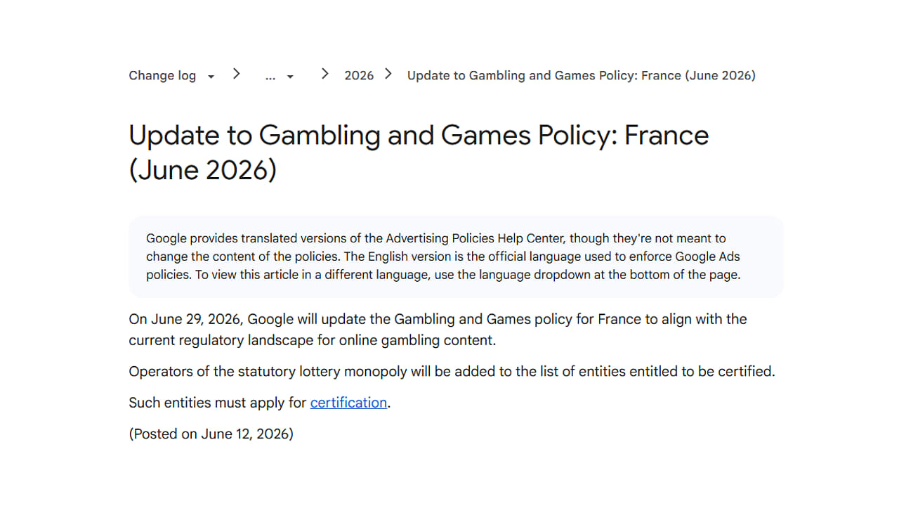 Update to Gambling and Games Policy for France