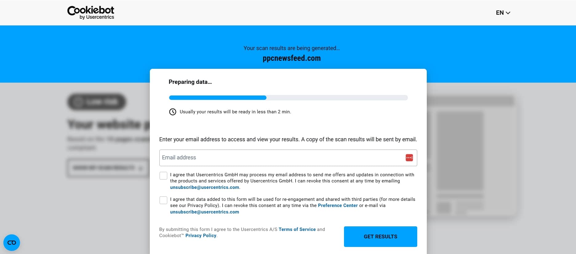Cookiebot cookie scanner asking for an email address to deliver the full scan report